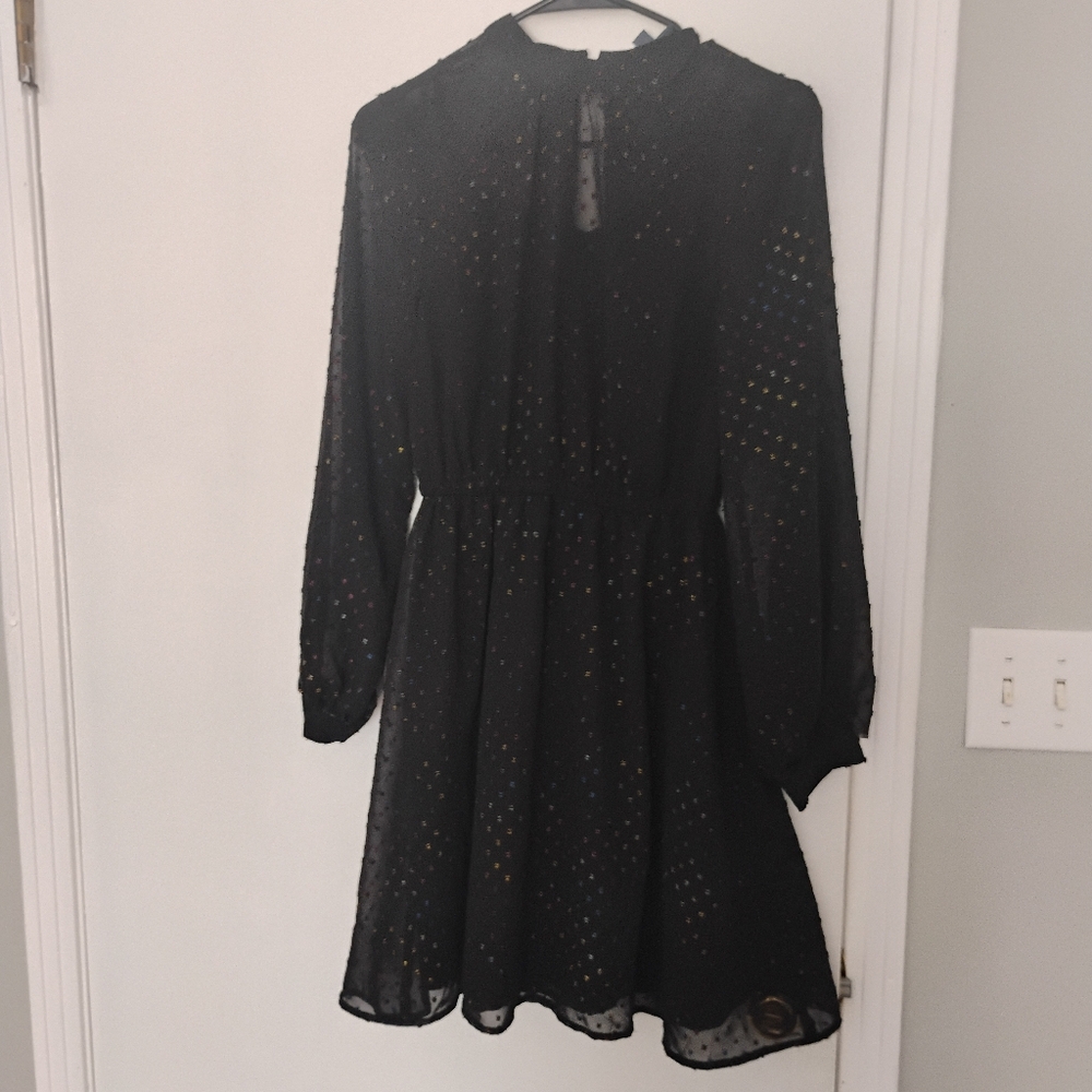 Modcloth Black Chiffon Rainbow Clip Dot Polkadot Dress Sheer Puff Sleeve Sz S